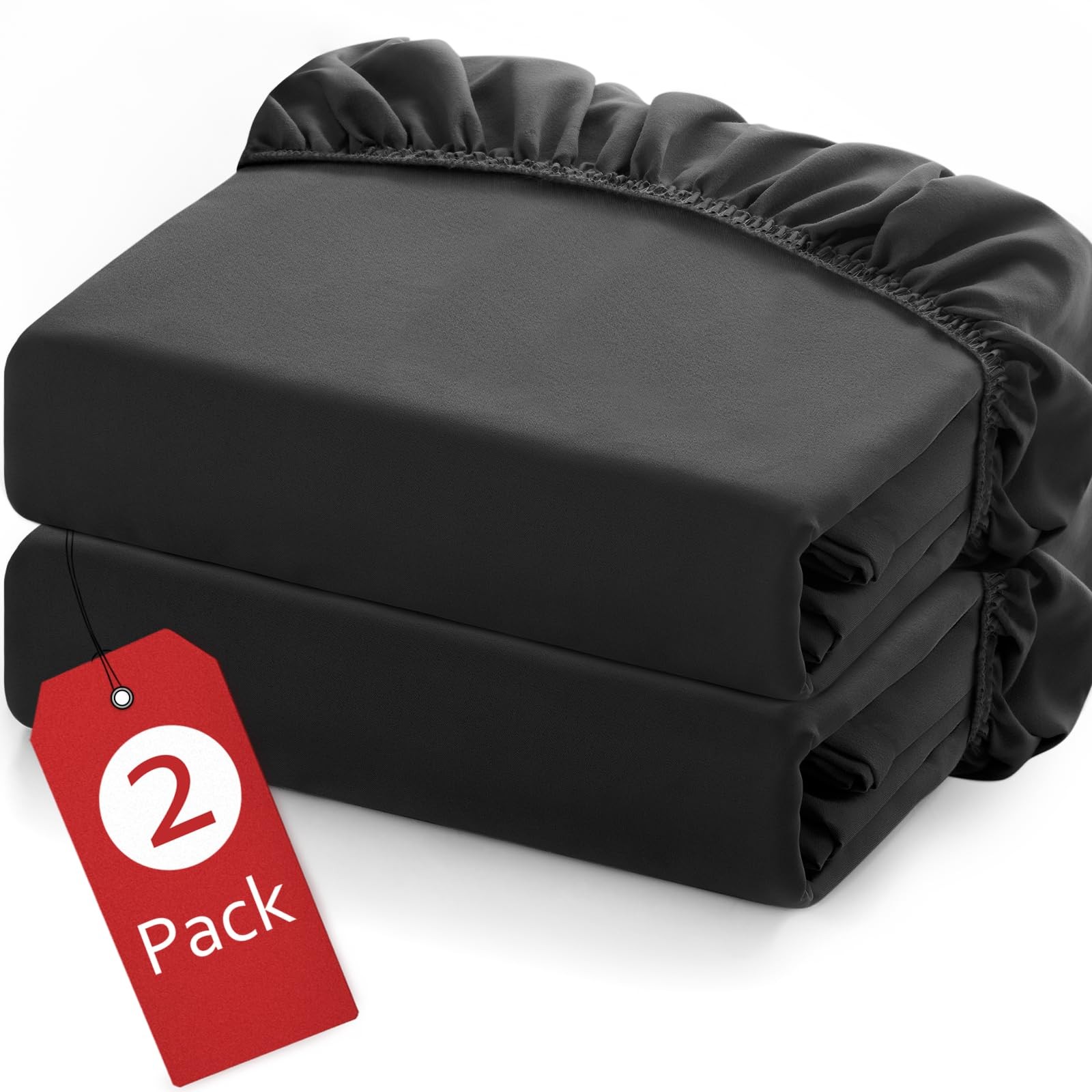 2 PCS Twin Fitted Sheets Deep Pocket 14 Inch Ultra Soft Breathable Bed Black
