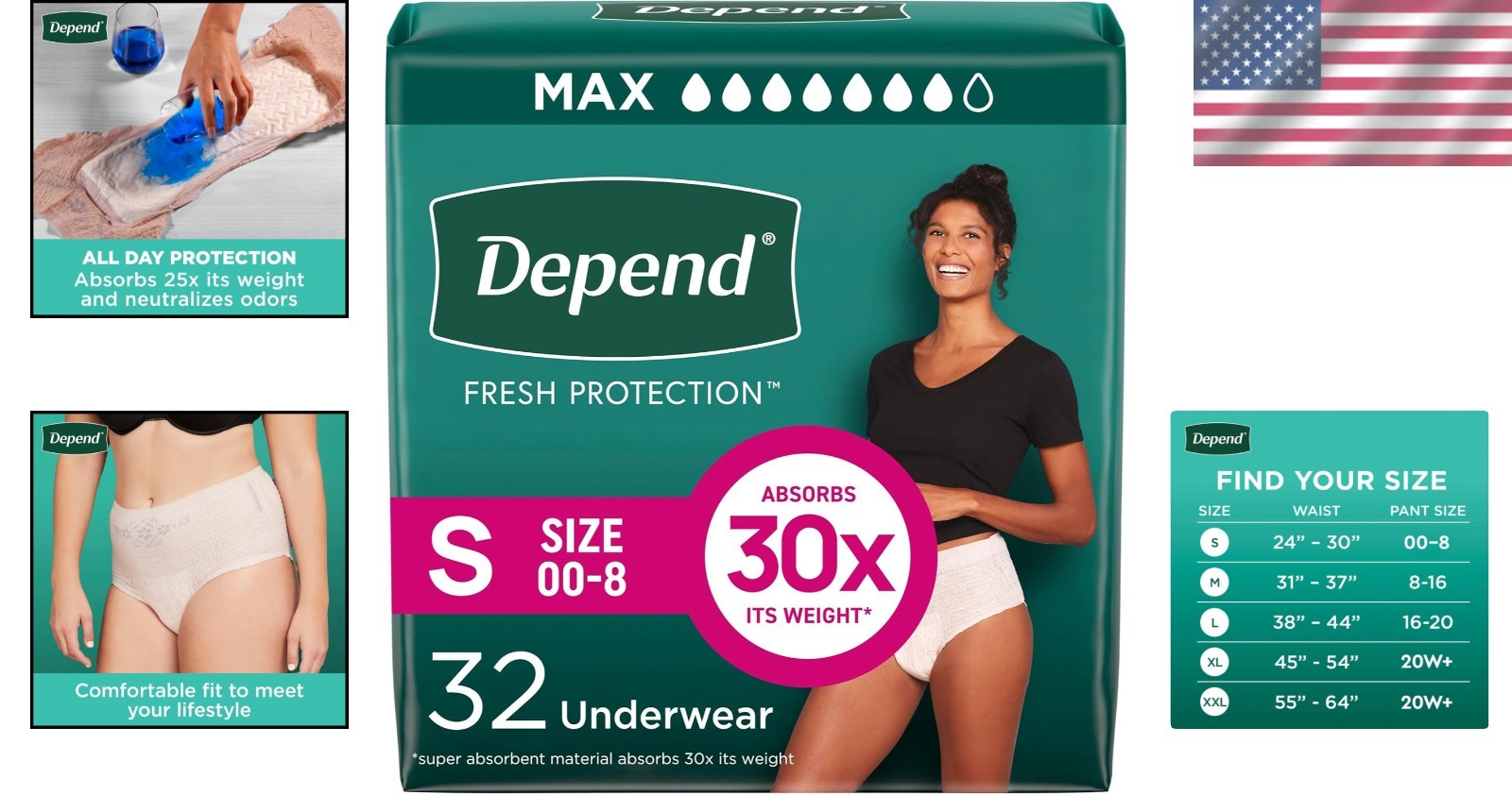 Small Depend Fresh Protection Adult Diapers – 32 Count, OdorBlock Tech, Blush