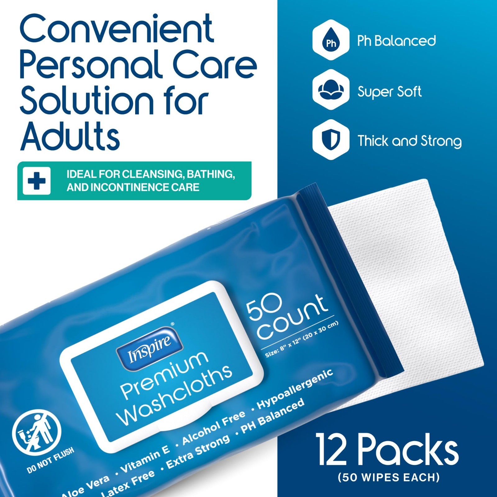 Adult Wet Wipes for Incontinence & Cleansing | 12 Packs of 50 Wash Cloths 8″x12
