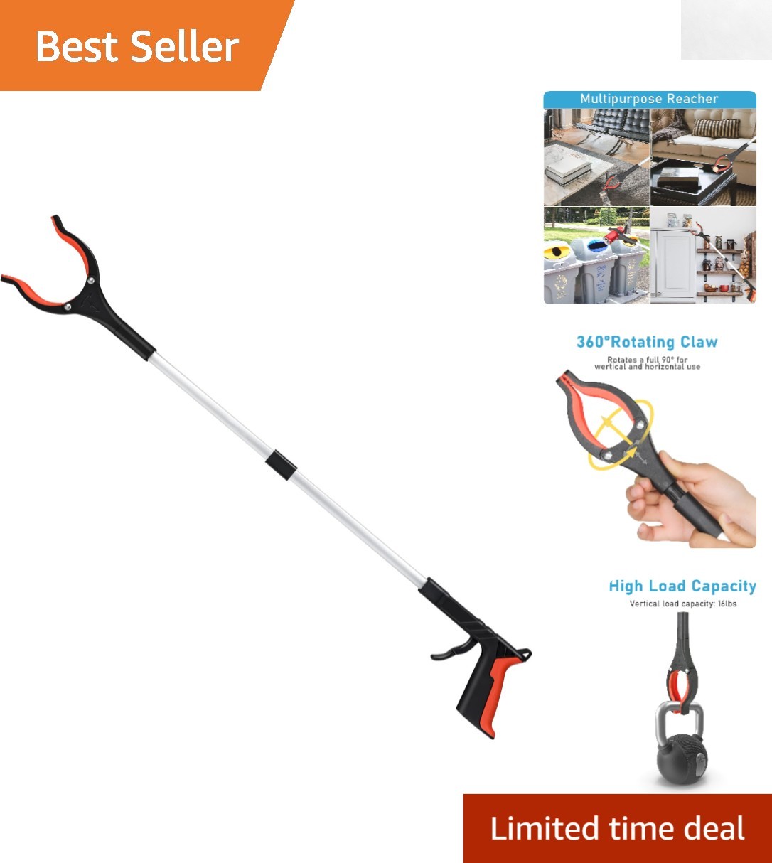 Ergonomic 32″ Foldable Grabber Tool with 360° Rotating Head in Elegant Orange