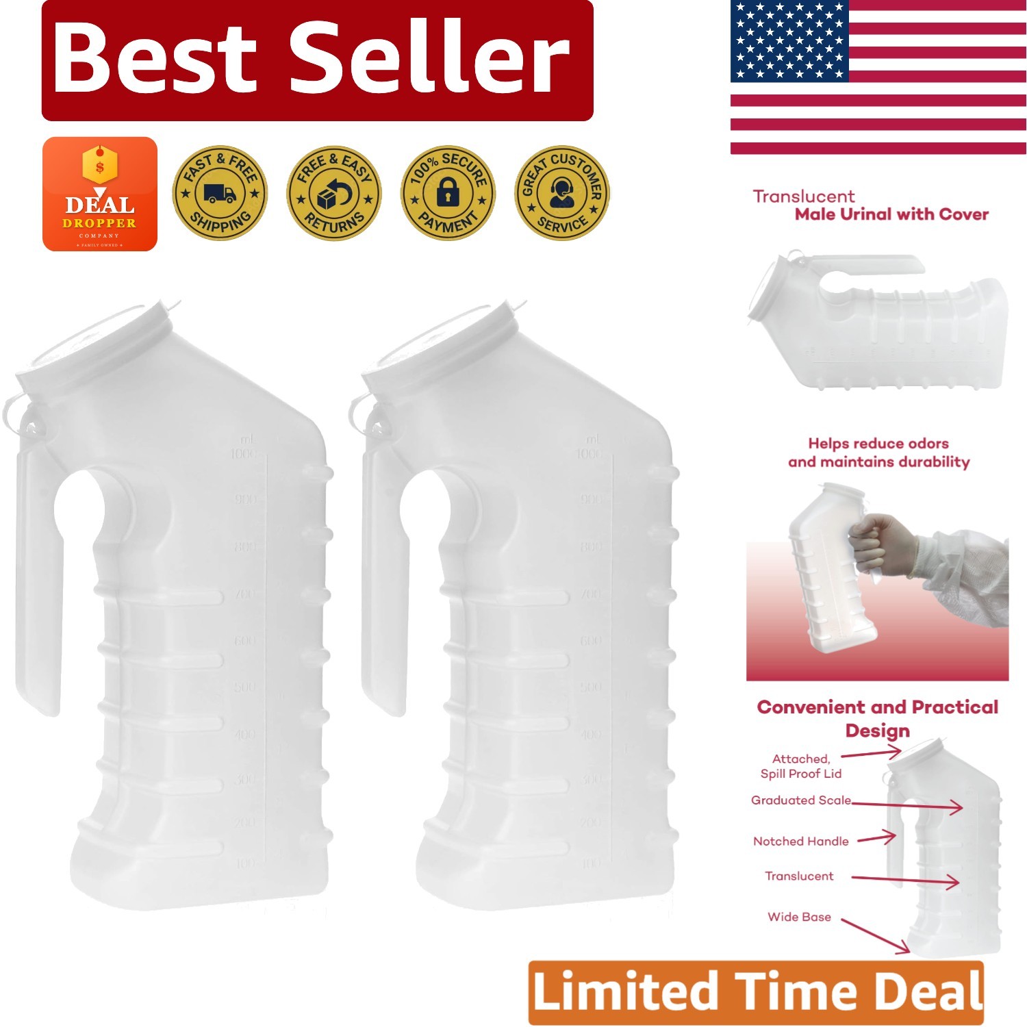 Odor-Free Portable Urinals for Men – Leak-Proof and Durable, 2 Pack of 1000 cc