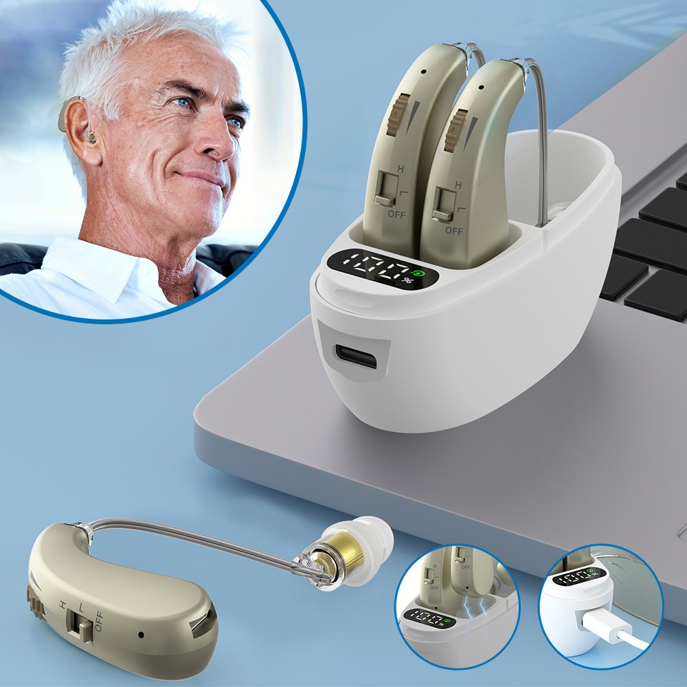Pair Digital Hearing Aid Rechargeable Invisible BTE Ear Loss Aids +Charging Case