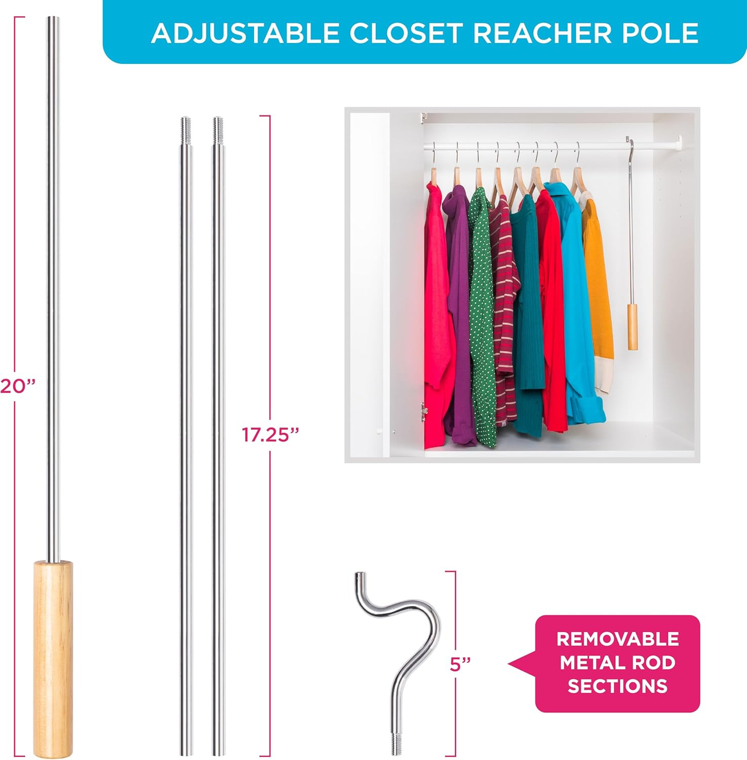 Closet Reacher Pole with Hook and Wooden Handle Adjustable 2.75-5 Feet