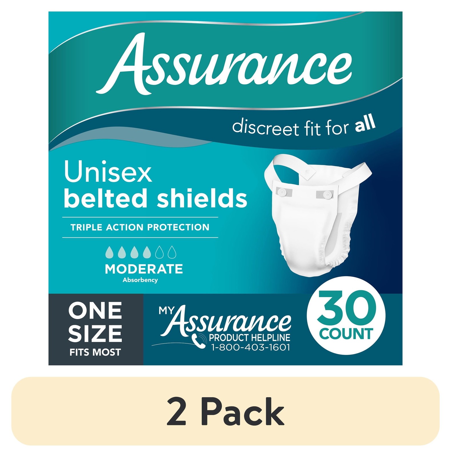 Assurance Unisex Belted Shields (2 Pack) – Moderate Absorbency, 30ct