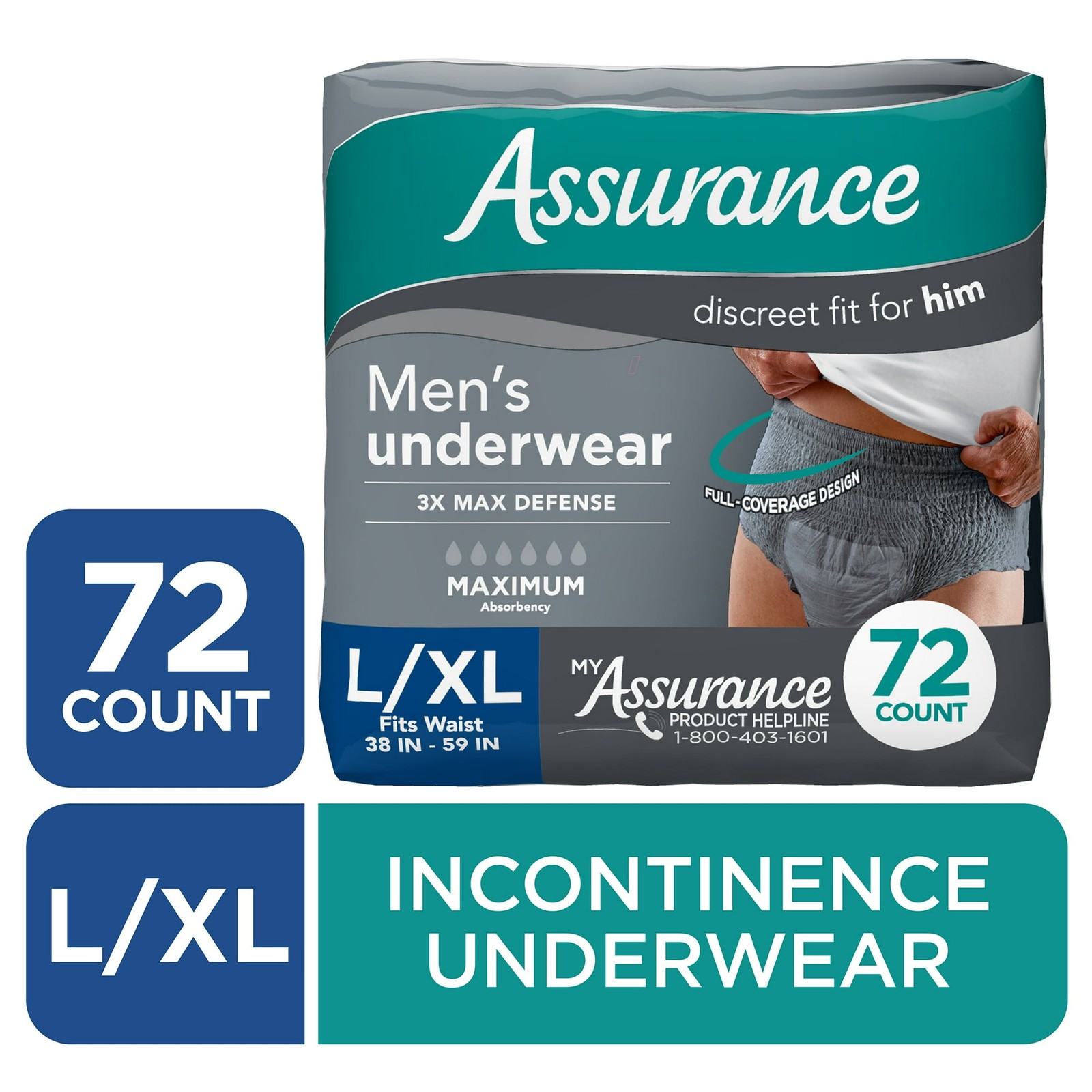 New Assurance Men’s Incontinence Underwear, Large, Maximum Absorbency, 72 Count