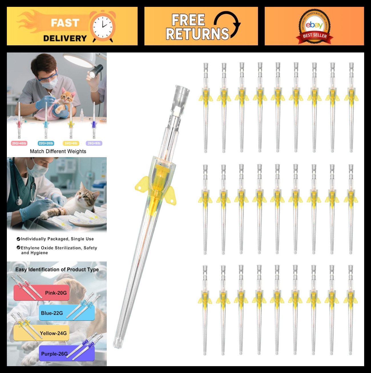 50-Pack Disposable IV Catheters 20G/22G/24G/26G for Dogs & Cats, Veterinary Infu