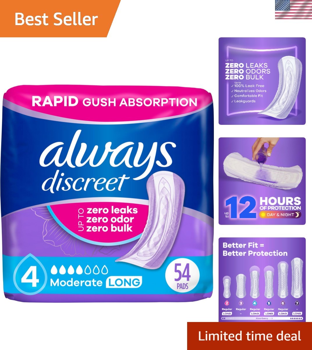Adult Incontinence Pads for Women, Long, White, Moderate Absorbency