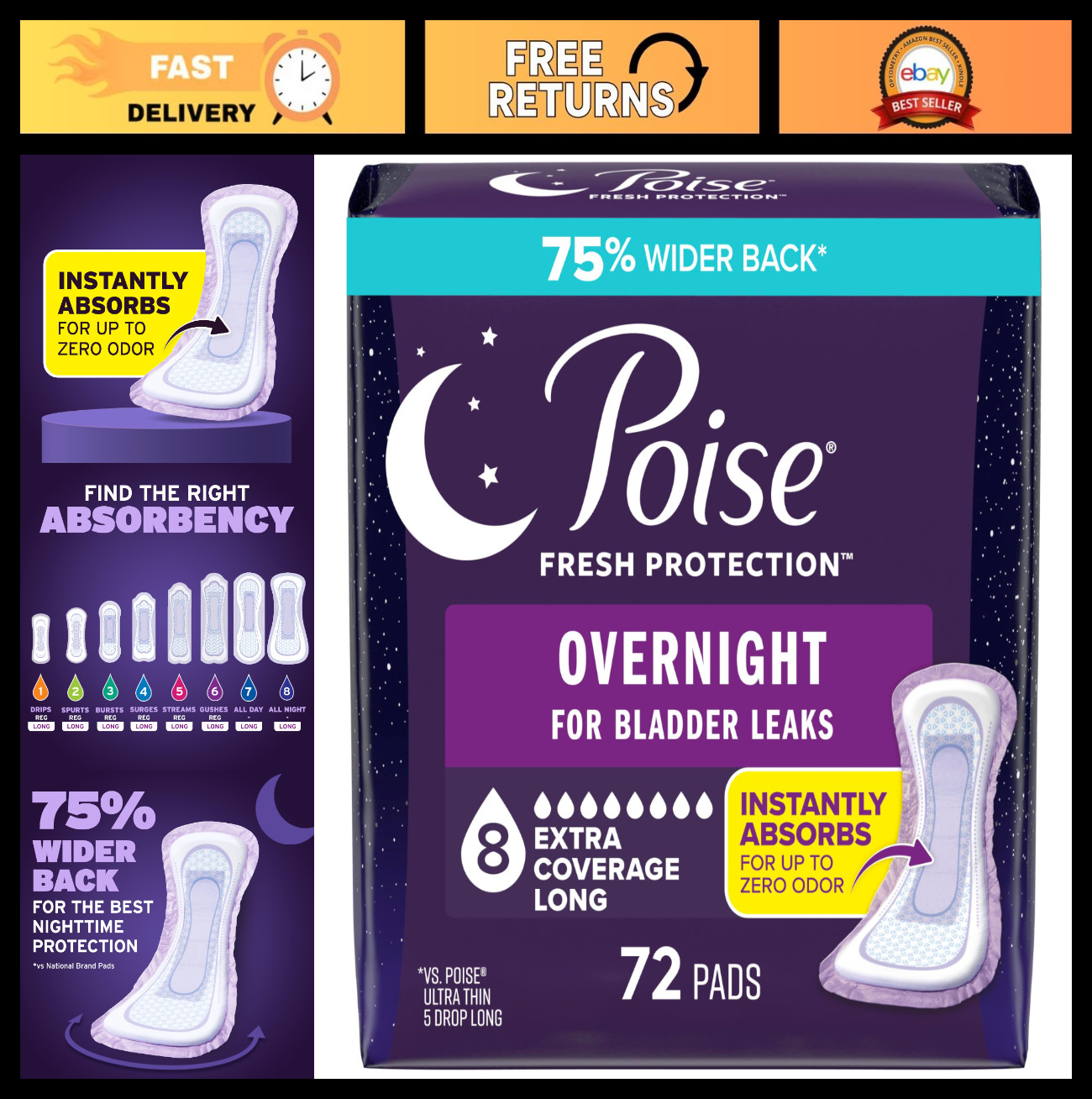 Overnight Incontinence & Postpartum Pads, Extra Coverage, 72 Count, 8 Drop Absor