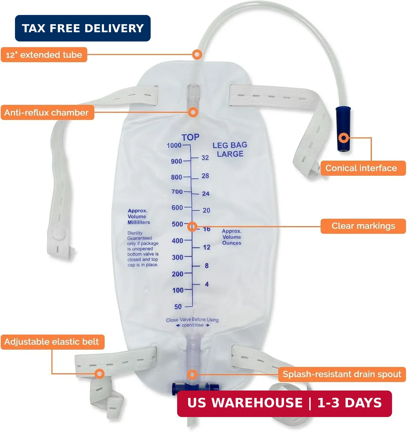5 Pack Easy-Tap Leg Bag with Anti-Reflux Valve, 1000ml Catheter Bags with 2 Clot