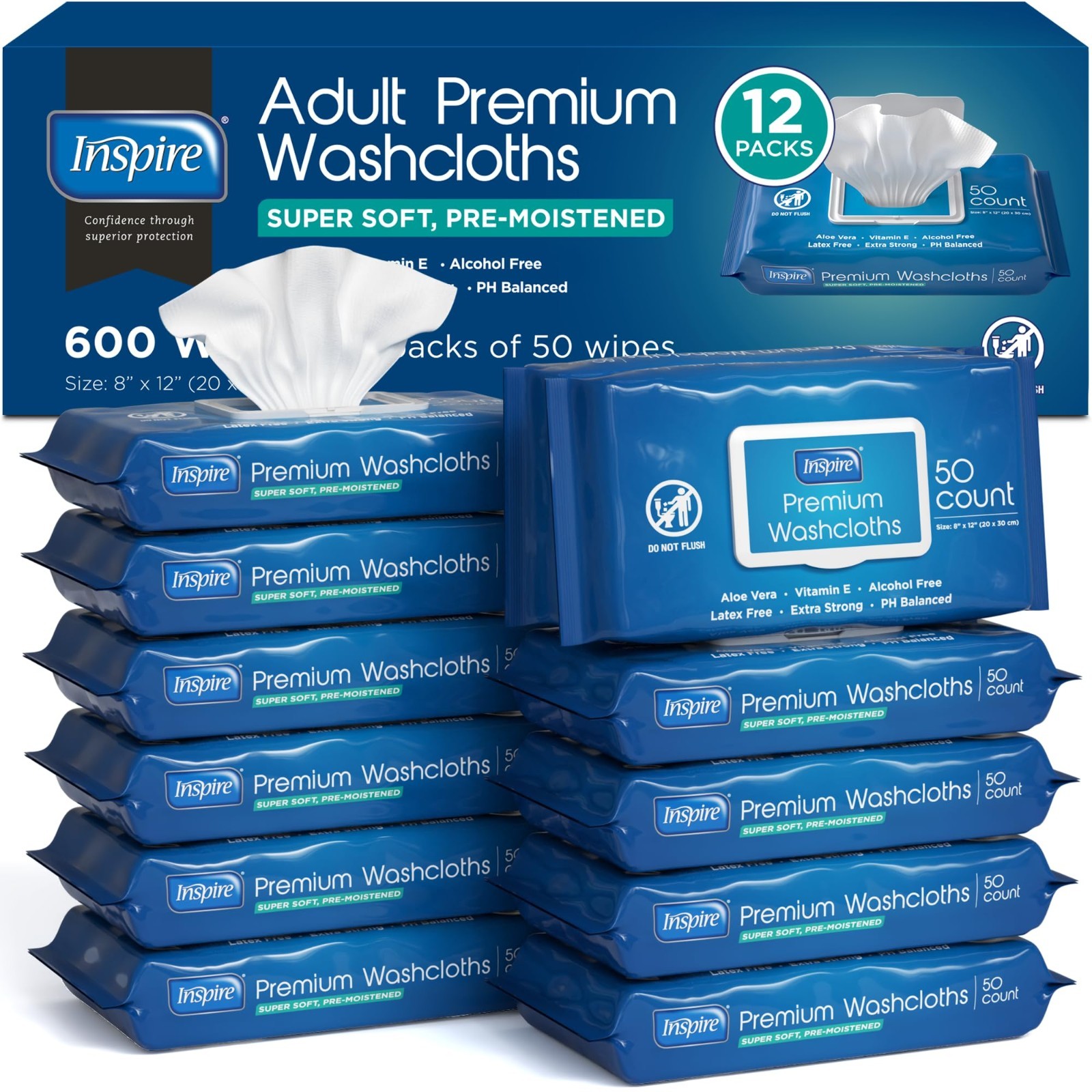 Adult Wet Wipes for Incontinence & Cleansing | 12 Packs of 50 Wash Cloths 8″x12