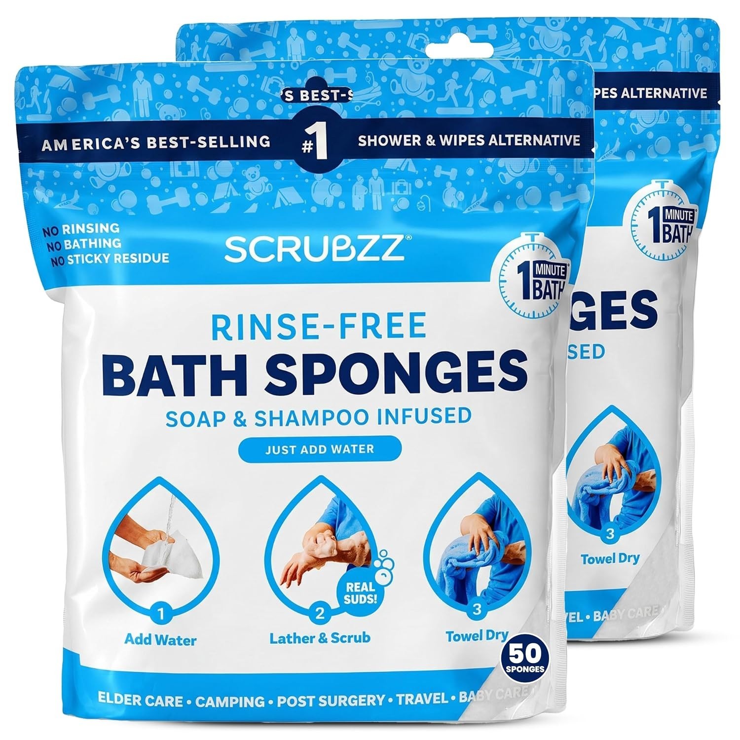 Disposable Bath Wipes 50 Count Rinse Free Shower Wipes for Body Travel Elderly