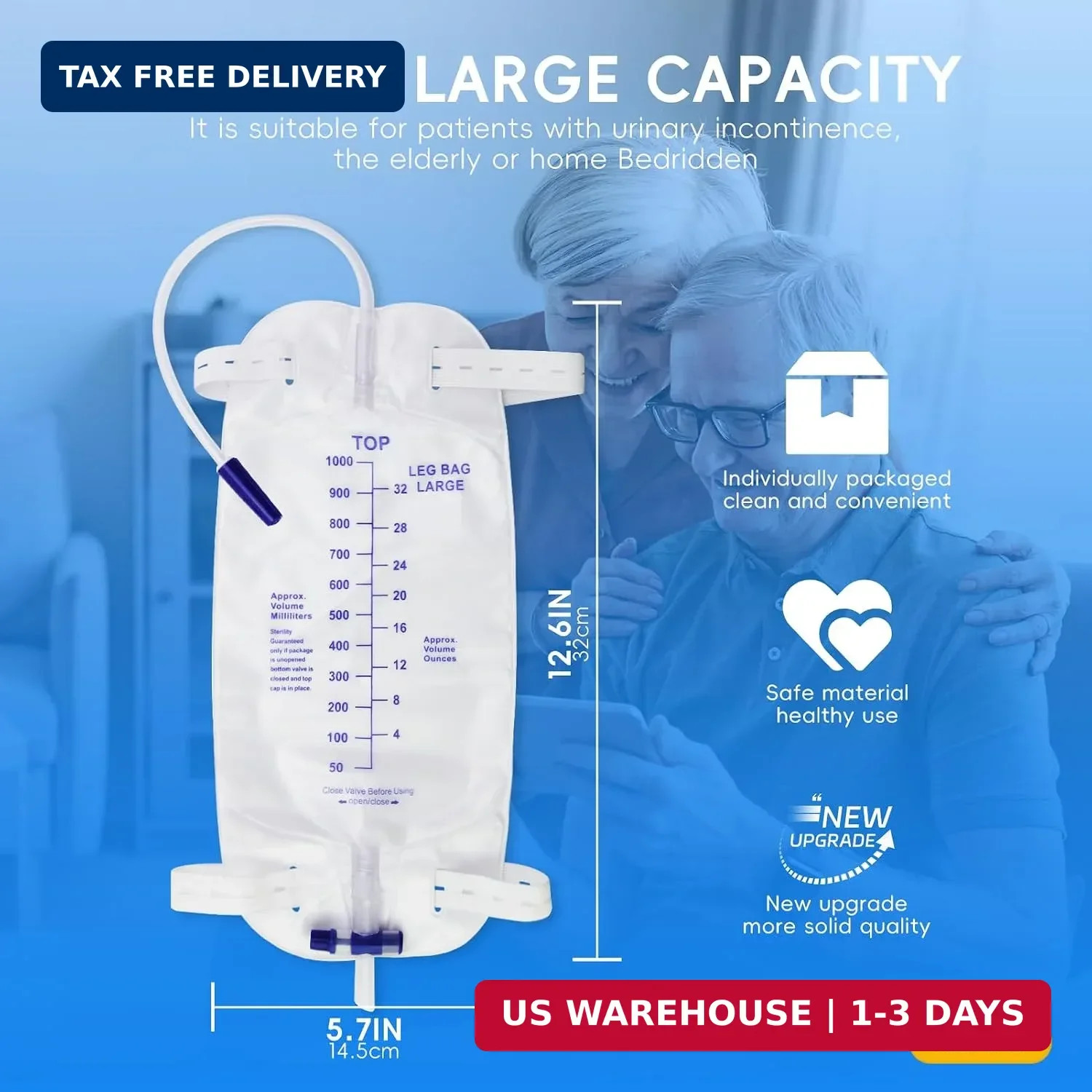 5PCS Leg Urinary Drainage Bags,1000ML Large Capacity Catheter Leg Bag,2 Adjustab