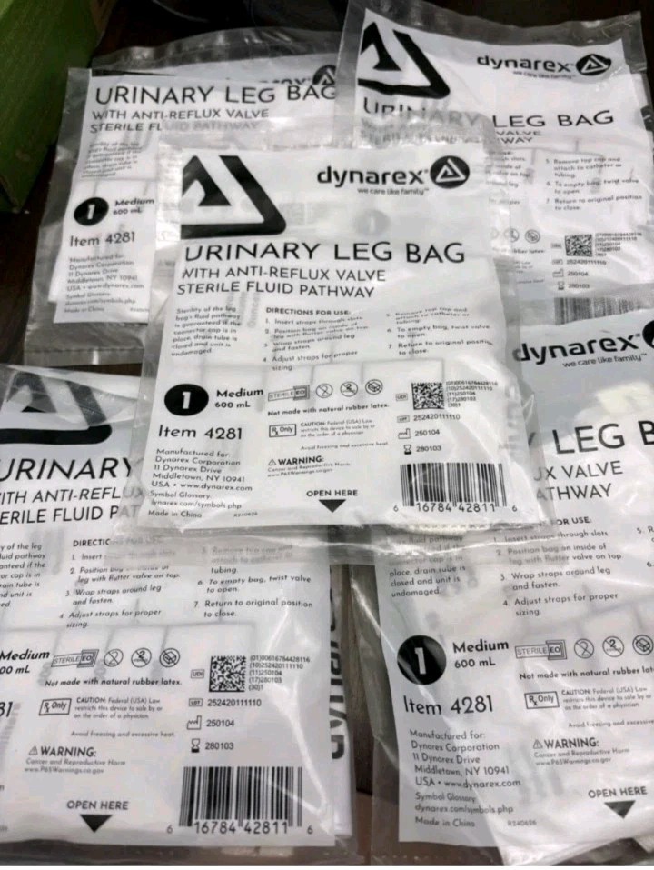 5 Dynarex Urinary Leg Bag Anti Reflux Valve Pathway #4281 Medium 600mL