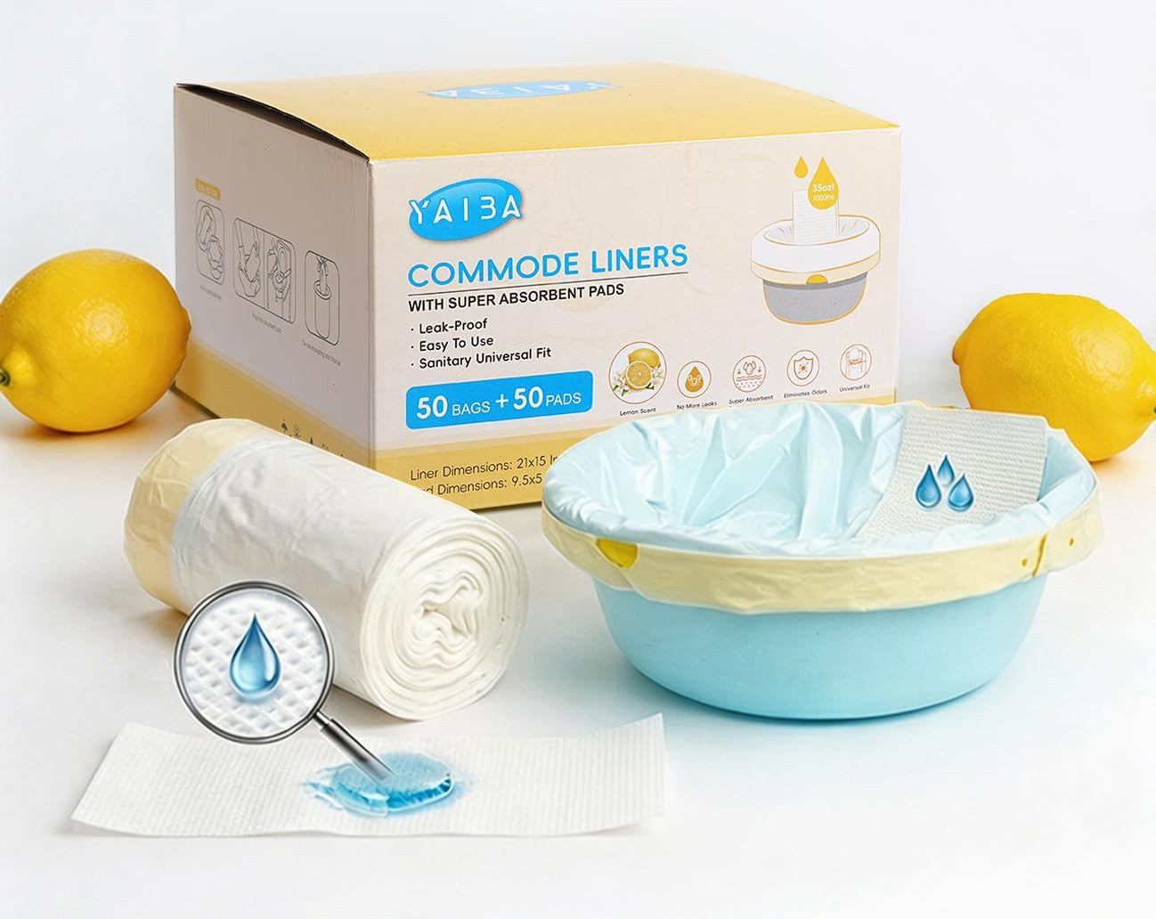 Bedside Commode Liners with Absorbent Pads, Lemon Scented Disposable Commode Bag