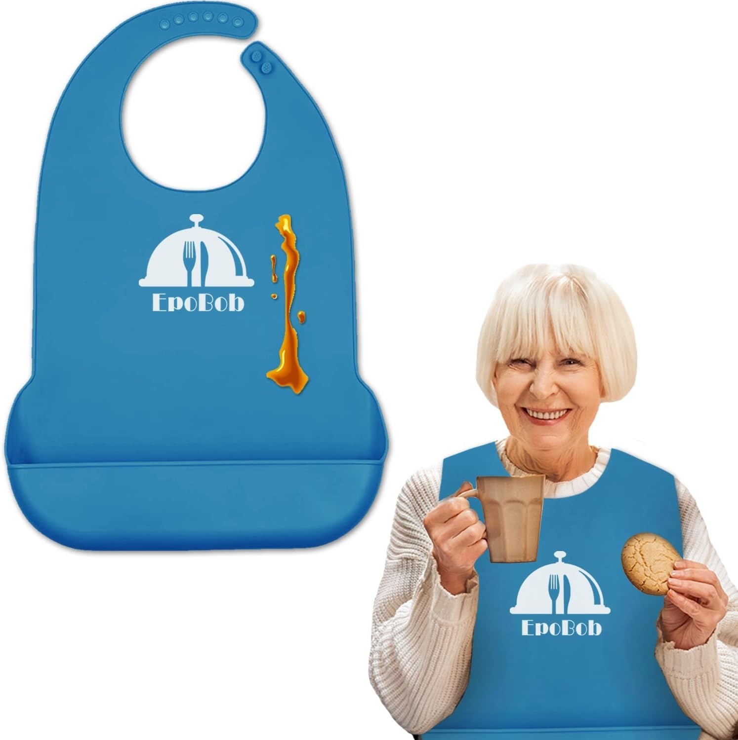 EpoBob Silicone Adult Bibs with Crumb Catcher, Washable One Size, Deepblue