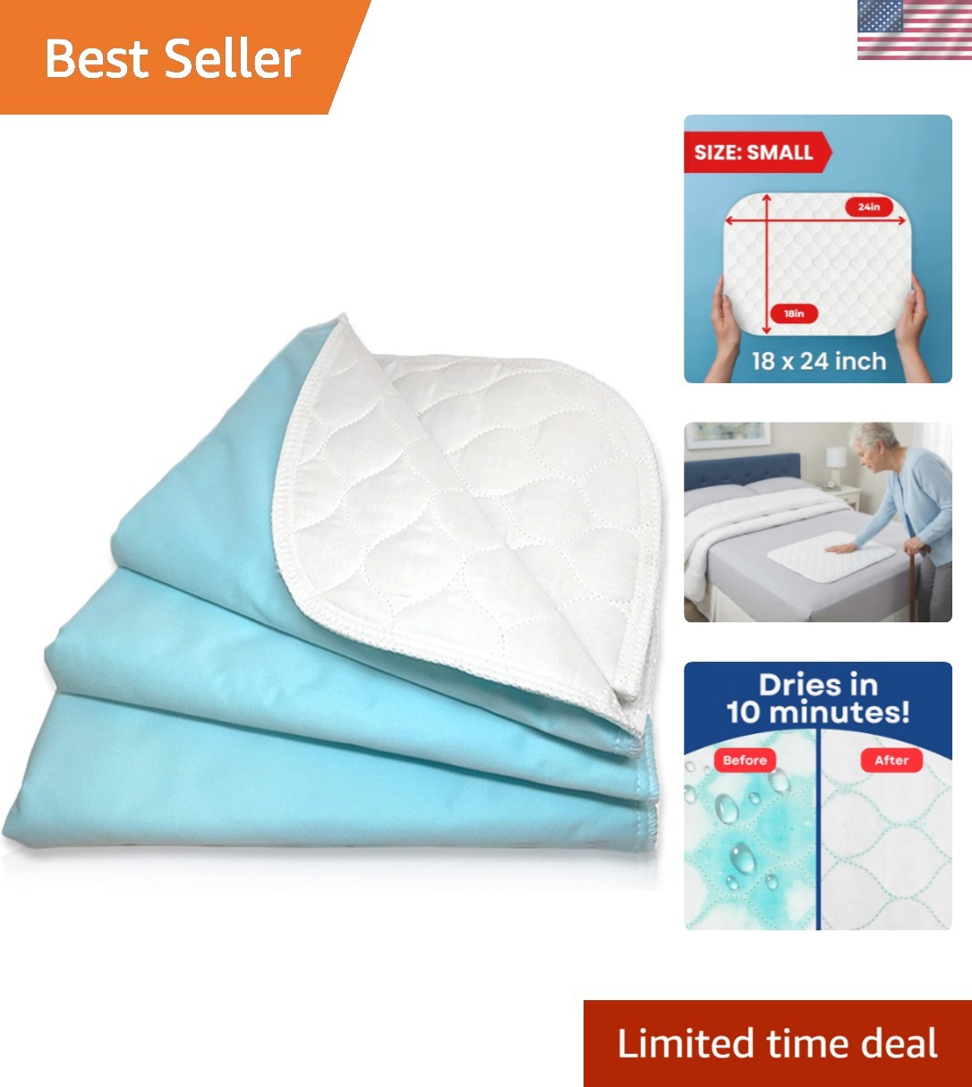 Ultra Soft 4-Layer Washable Incontinence Bed Pad, 18″x24″ 3 Pack | Quilted B…