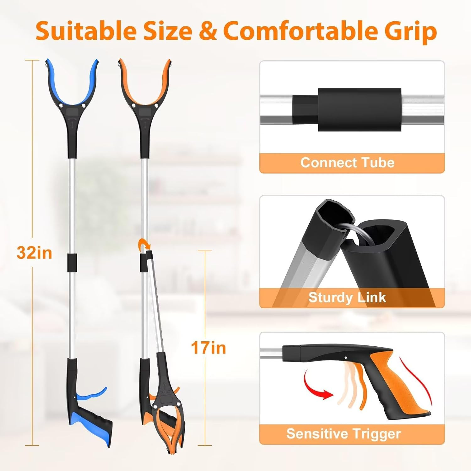 32″ Grabber Reacher Tool, 2-Pack Foldable Reacher Grabber Pickup Tool with 360°