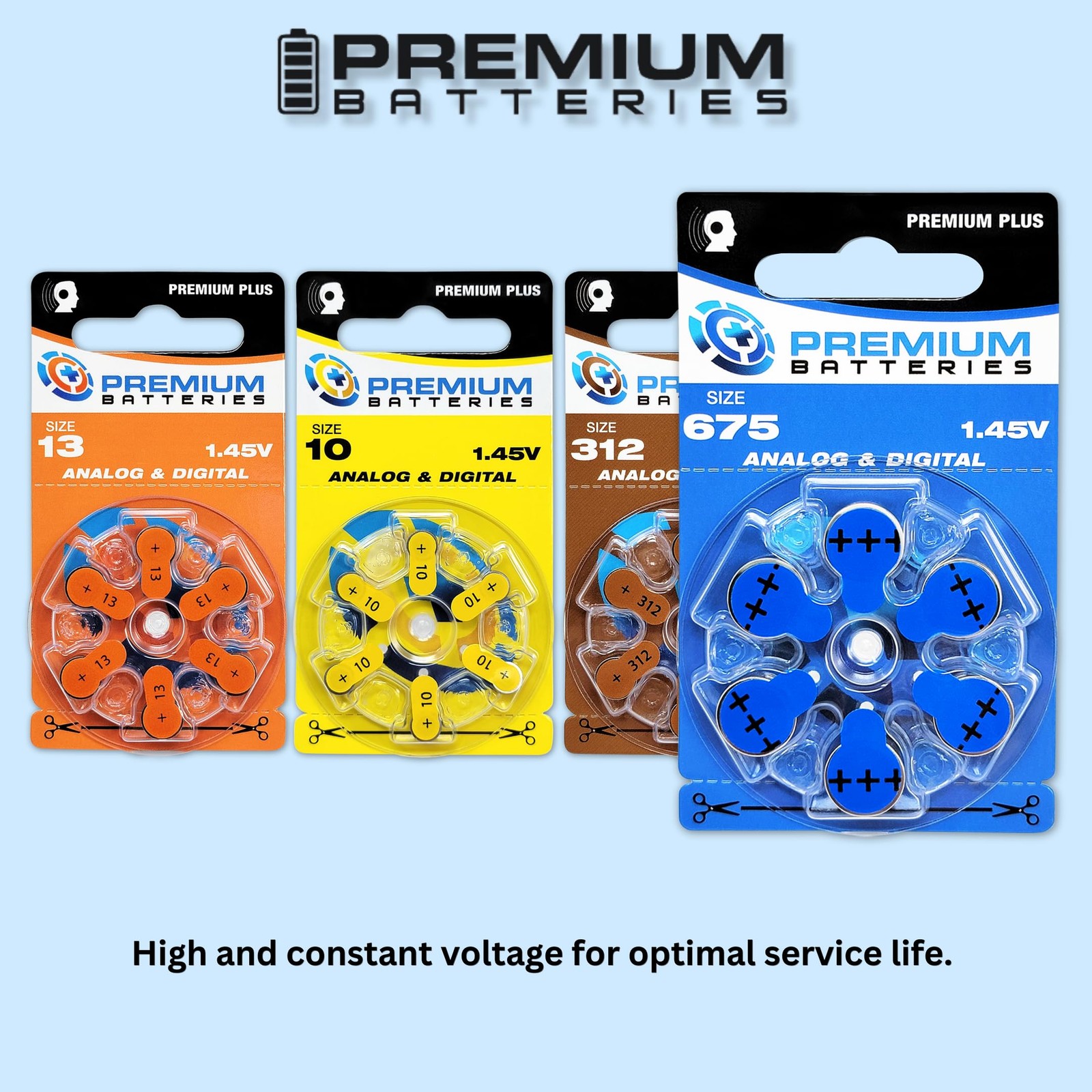 Premium Size 675 PR44 1.45V Hearing Aid Batteries Blue Tab – 60 Pack