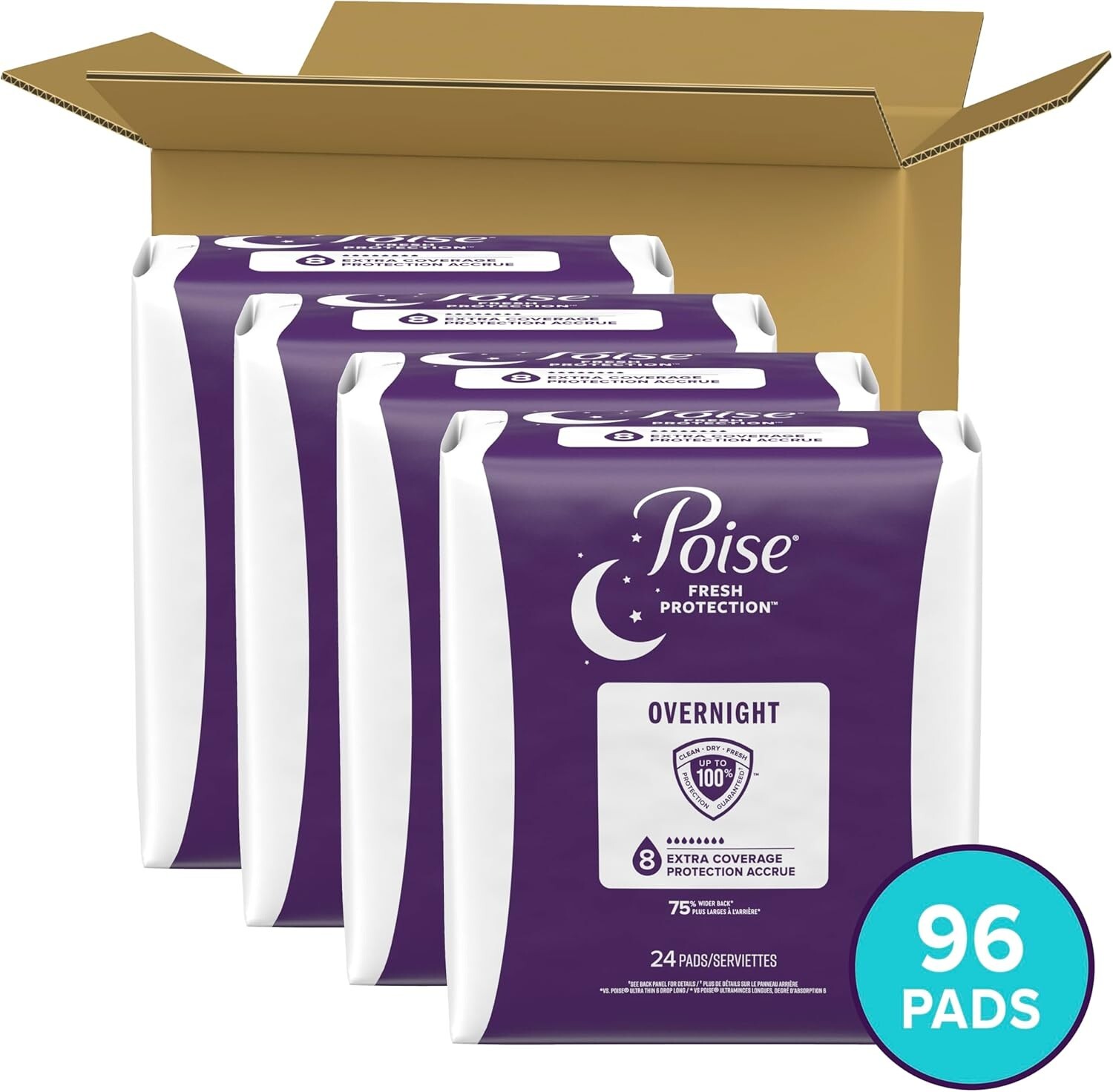 96 Count Overnight Incontinence Pads with 8 Drop Extra Coverage – 12 Hr Dryness