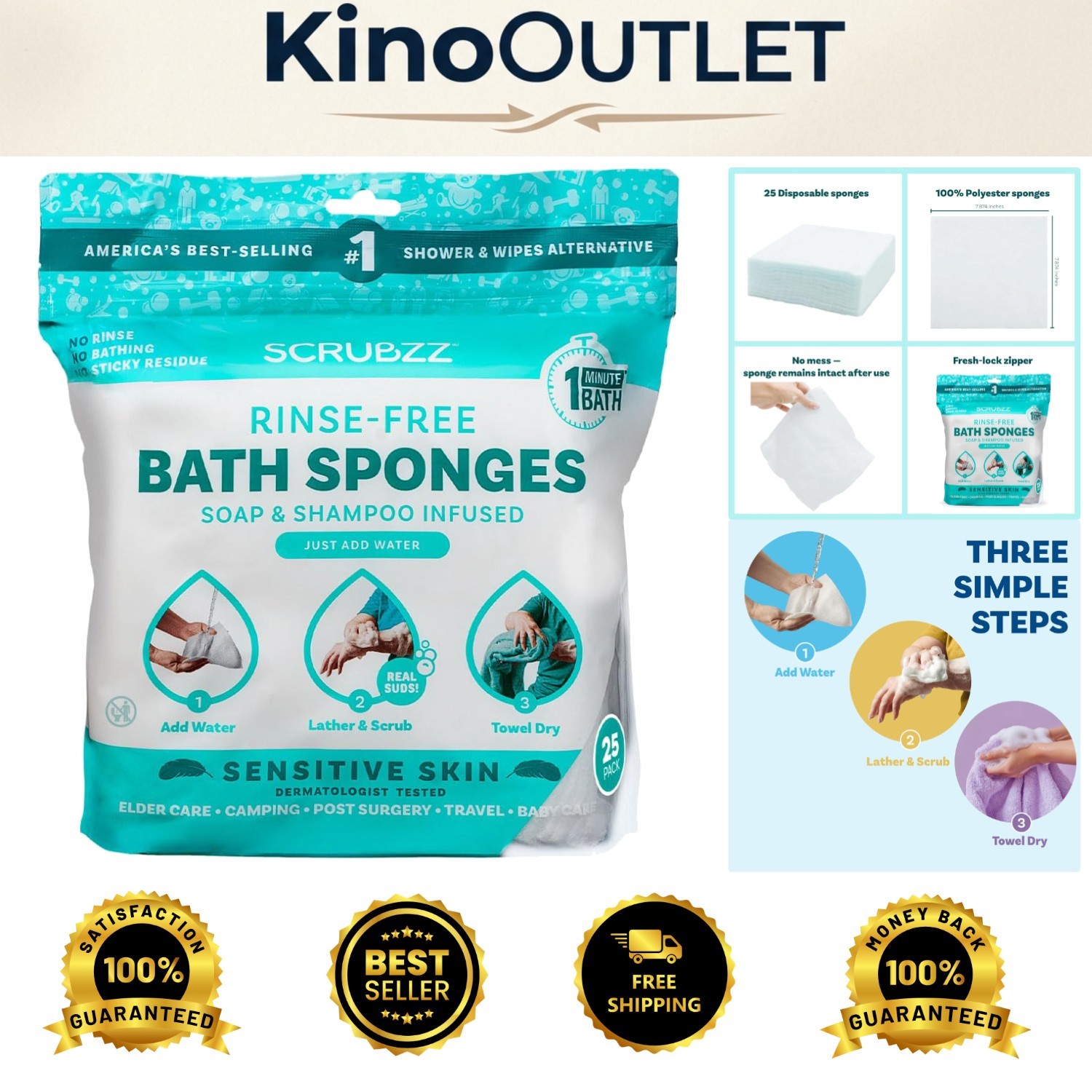 Hypoallergenic Rinse-Free Bathing Wipes for Sensitive Skin – 25 Count