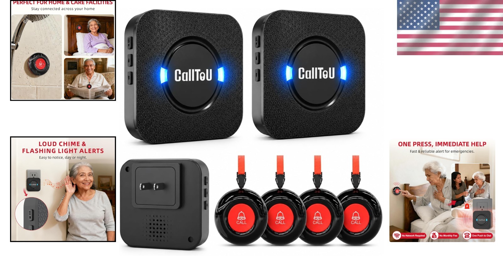 Home Care Alert System: 4 Waterproof Call Buttons, 2 Receivers, 500ft Range, LED