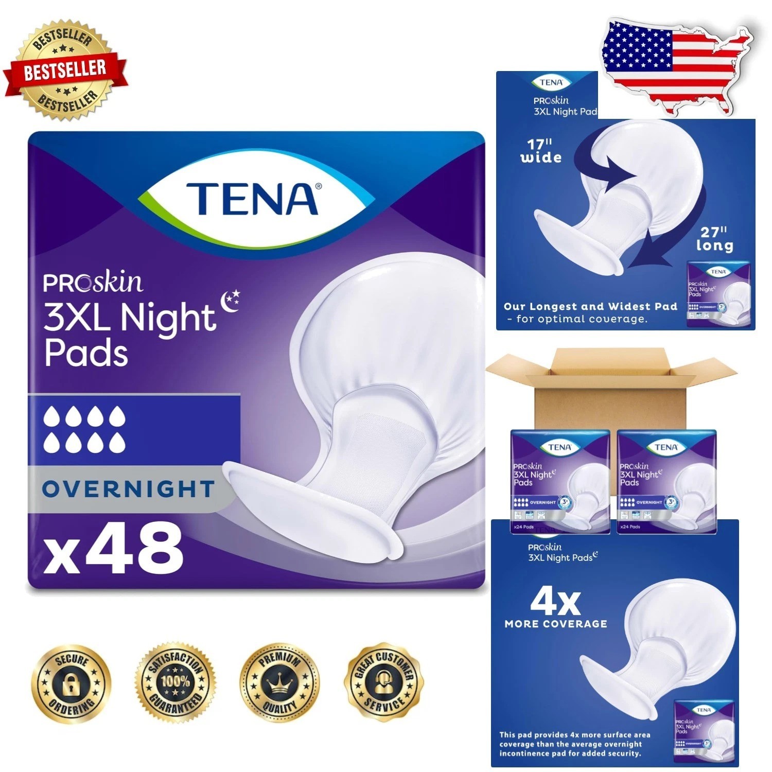 ProSkin TENA 3XL Pads: 48ct Overnight, Super Absorbent, Plus Size, Leak Security