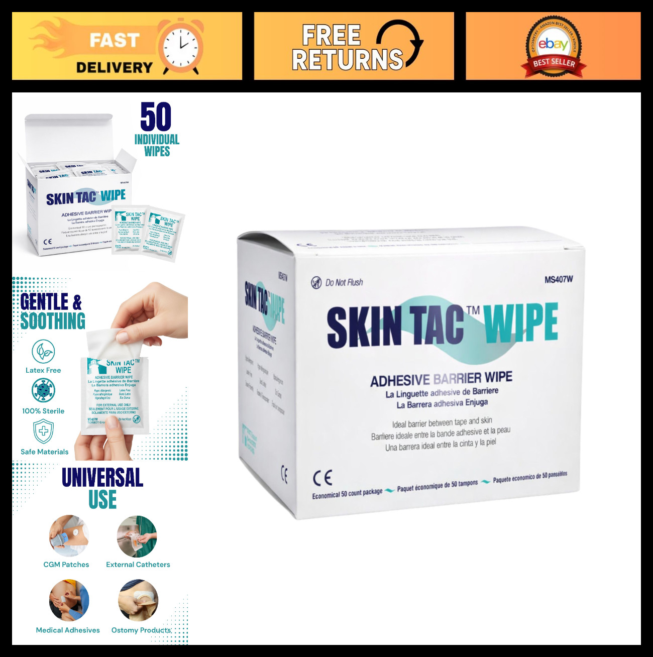 Skin Tac Adhesive Barrier Prep Wipes – Liquid Form, Latex-Free, Hypoallergenic,