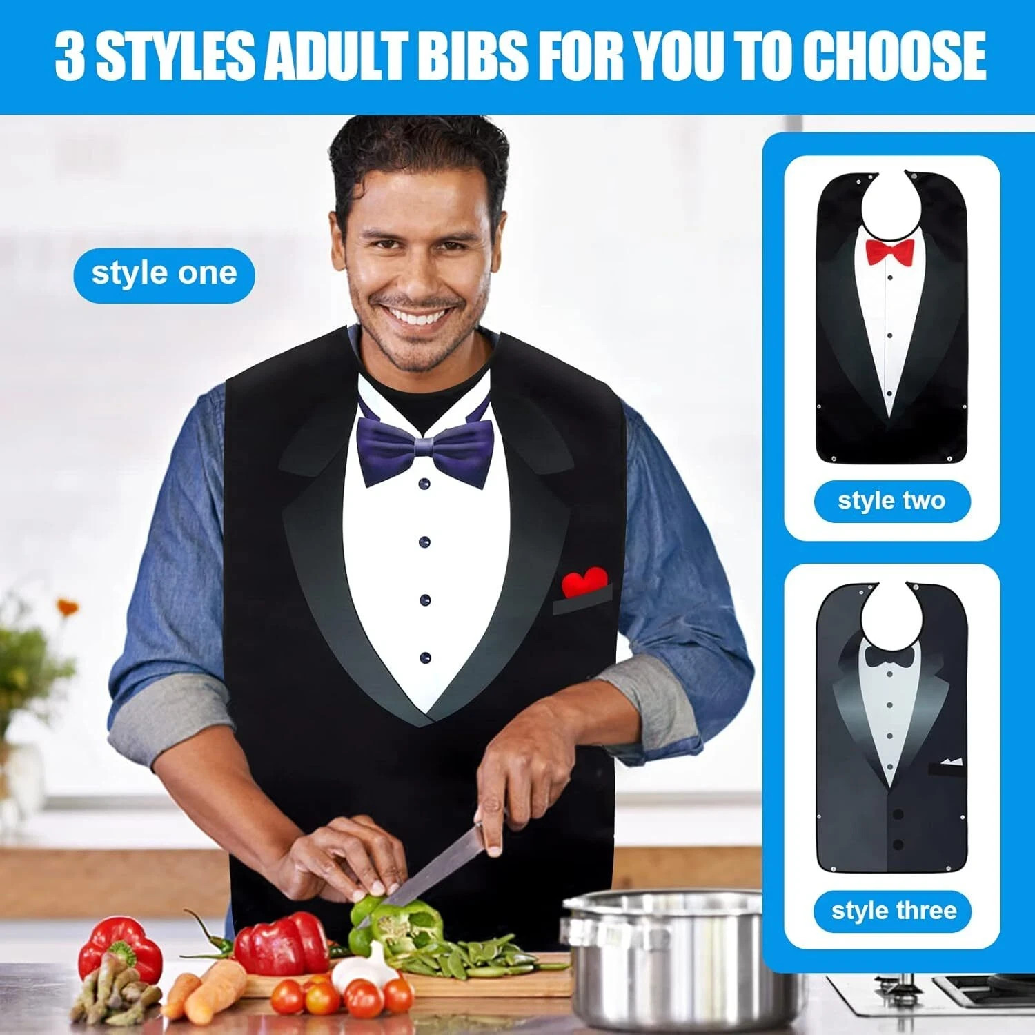 3 Pack Adult Bibs for Men Washable Reusable Eating Bibs Style 1