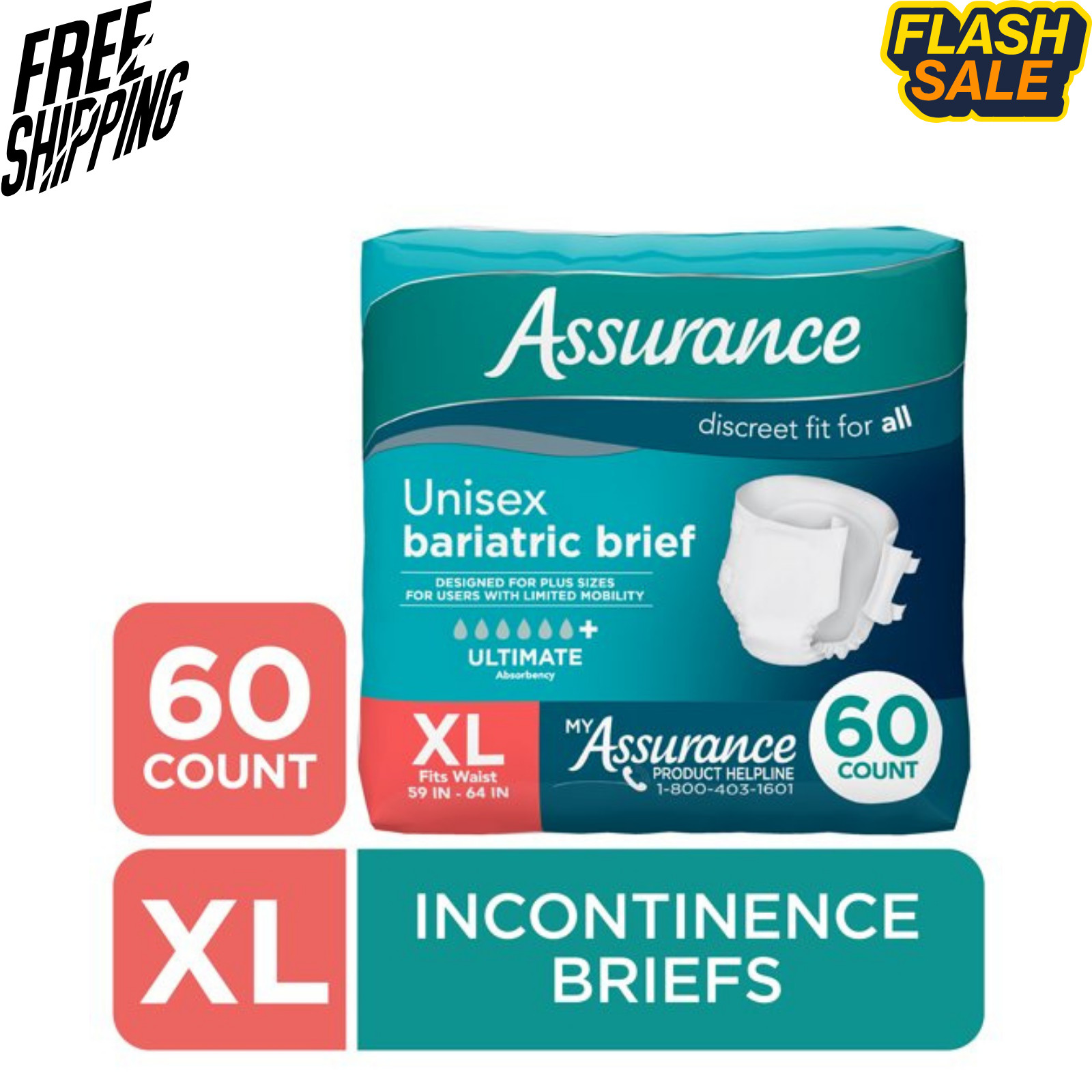 Assurance Unisex Incontinence Briefs with Tabs XL 60 Count Pack