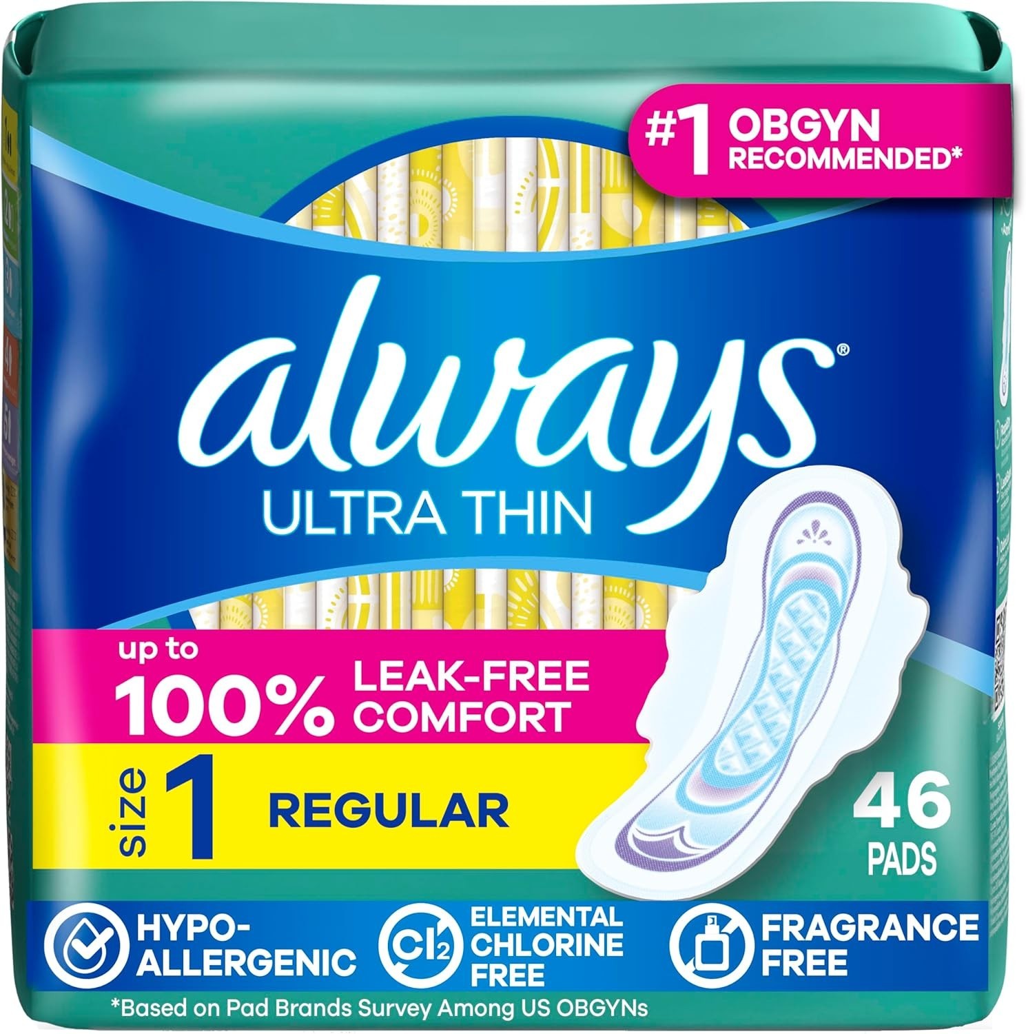 Always Ultra Thin Feminine Pads with Wings for Women, Size 1, Regular Absorbency