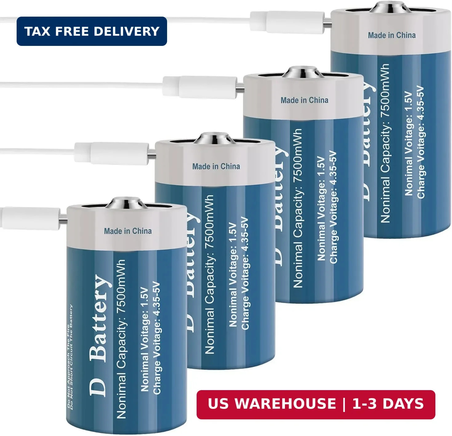 Rechargeable D Batteries 4 Pack, Long-Lasting 1.5V 7500mWh Lithium D Size Batter