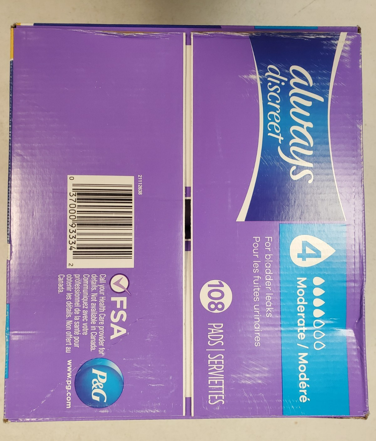 108 Count Always Discreet Incontinence Pads *4 Moderate* Reg. Length 3342-R9P1b