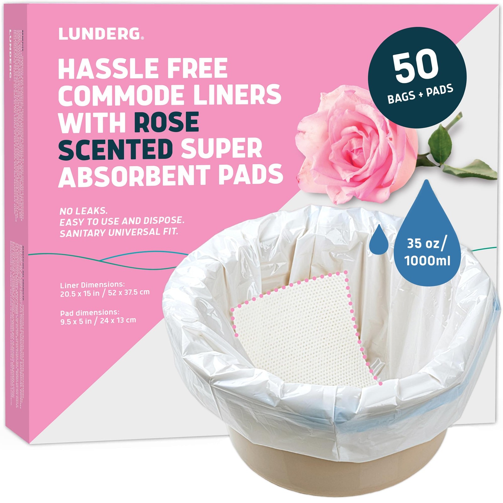 Commode Liners with Absorbent Pads – Rose Scent Medical Grade 50 Count Univer…
