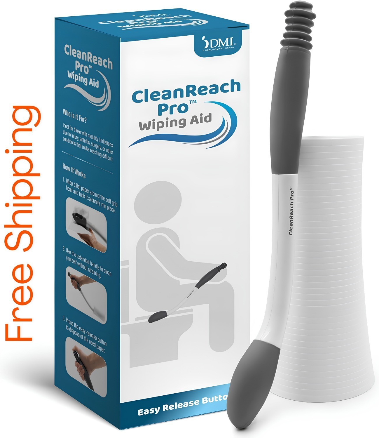 DMI CleanReach Pro Toilet Aid Wiping Wand Long Handle Bottom Wiper Easy Release