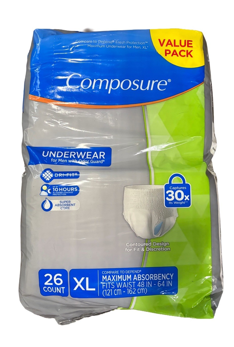Composure Men’s Incontinence Underwear XL 26 Count Maximum Absorbency Odor Guard