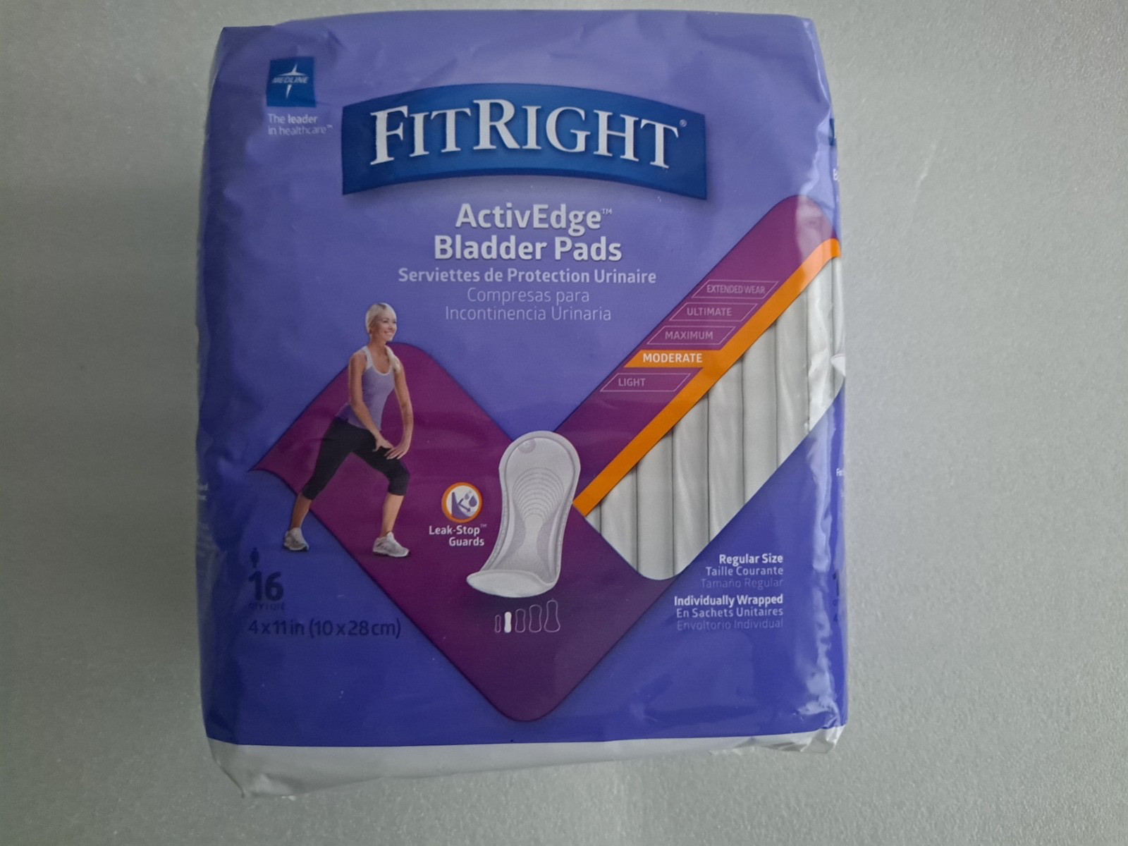 Medline FitRight ActivEdge Bladder Pads Moderate, 16 qty, 4″ x 11″