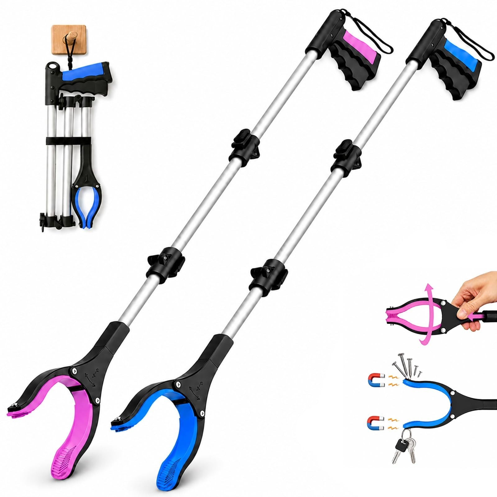 36″ Long Reacher Grabber Tool 2-Pack – Anti-Slip Jaw, 360° Rotating, Magnetic Ti