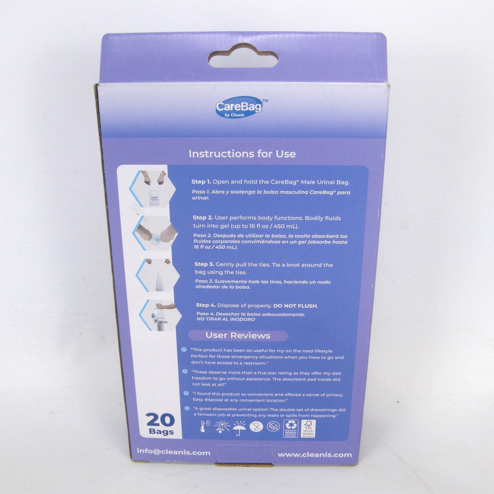CareBag Medical Grade Super Absorbent Pad Male Urinal Bag 20 Pack