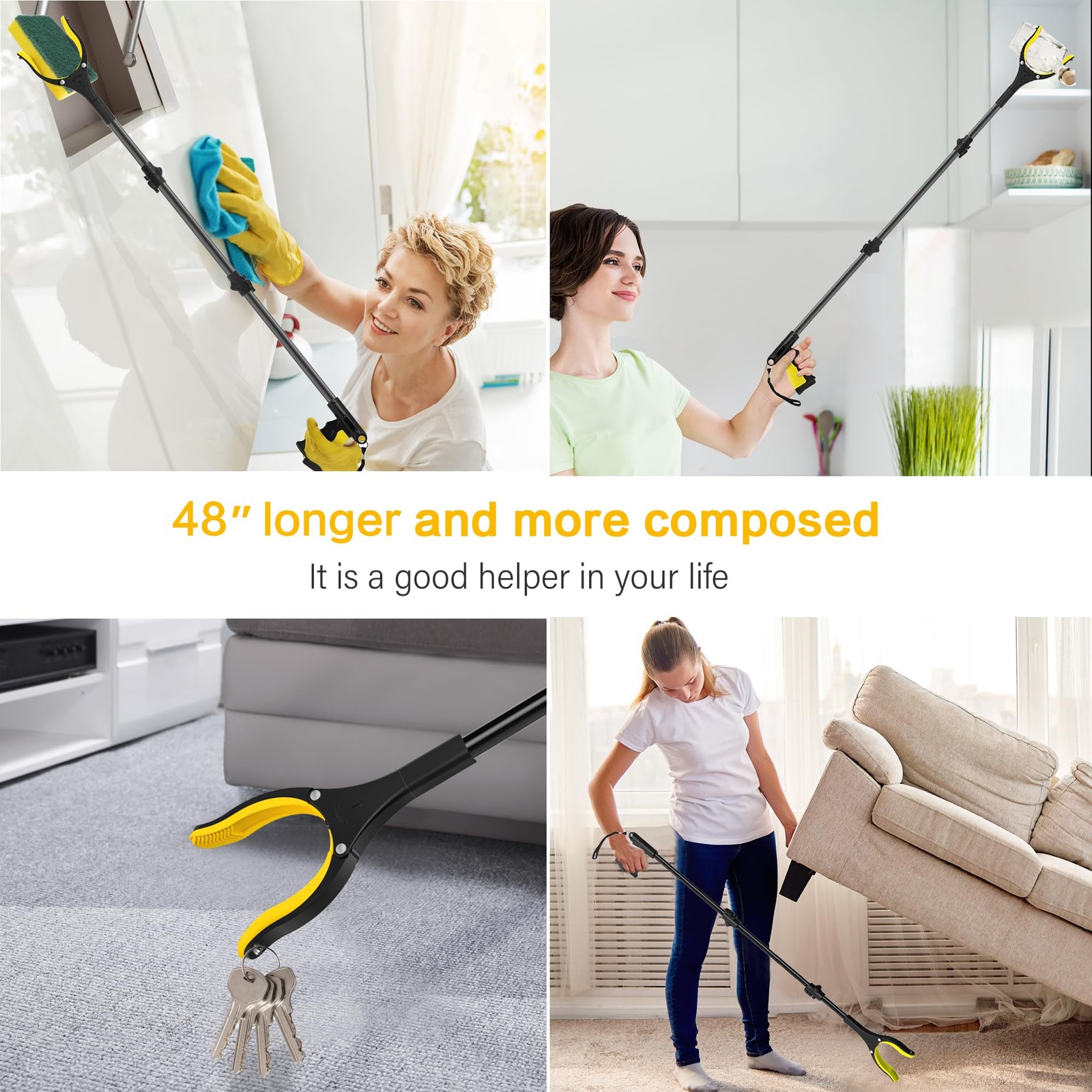 48 Inch Extra Long Grabber Reacher Tool，Foldable Pick Up 48 Inch, Yellowblack