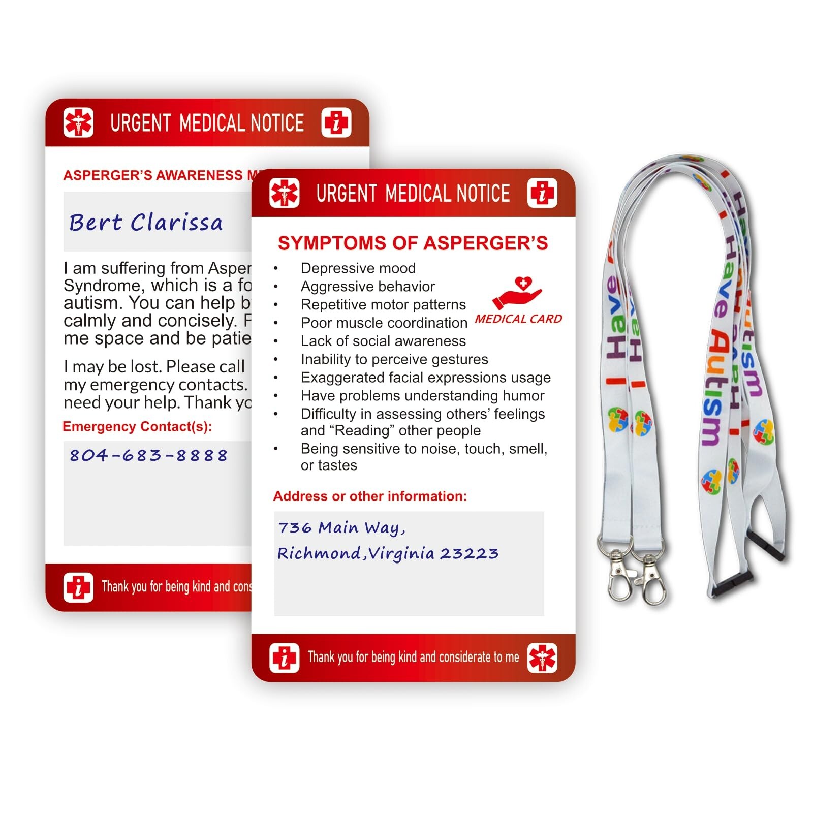 Autism Medical Alert Card with Writable Panel & Patterned Lanyard 2PCS