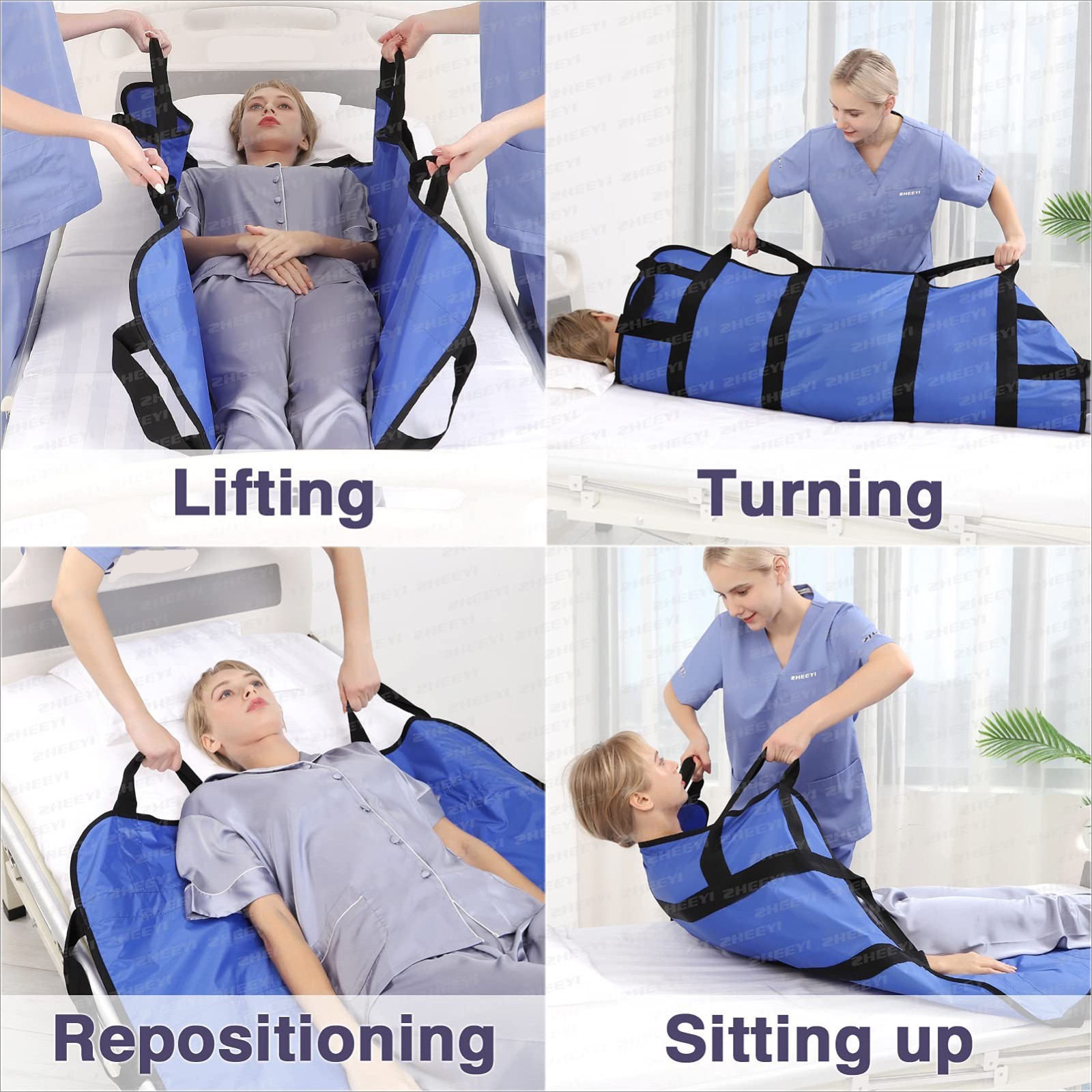 72″x40″ Positioning Bed Pad with Reinforced Handles Reusable Washable Blue