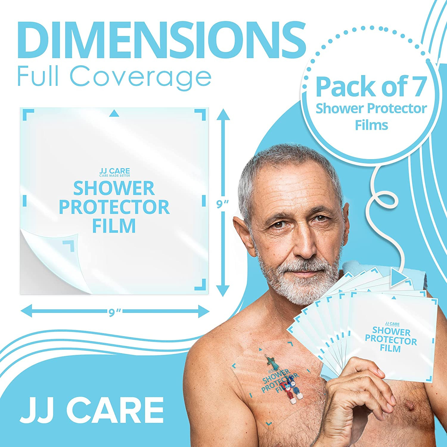 JJ CARE Shower Protector [Pack of 7], 9X9 Dialysis Catheter Shower Cover, PICC L