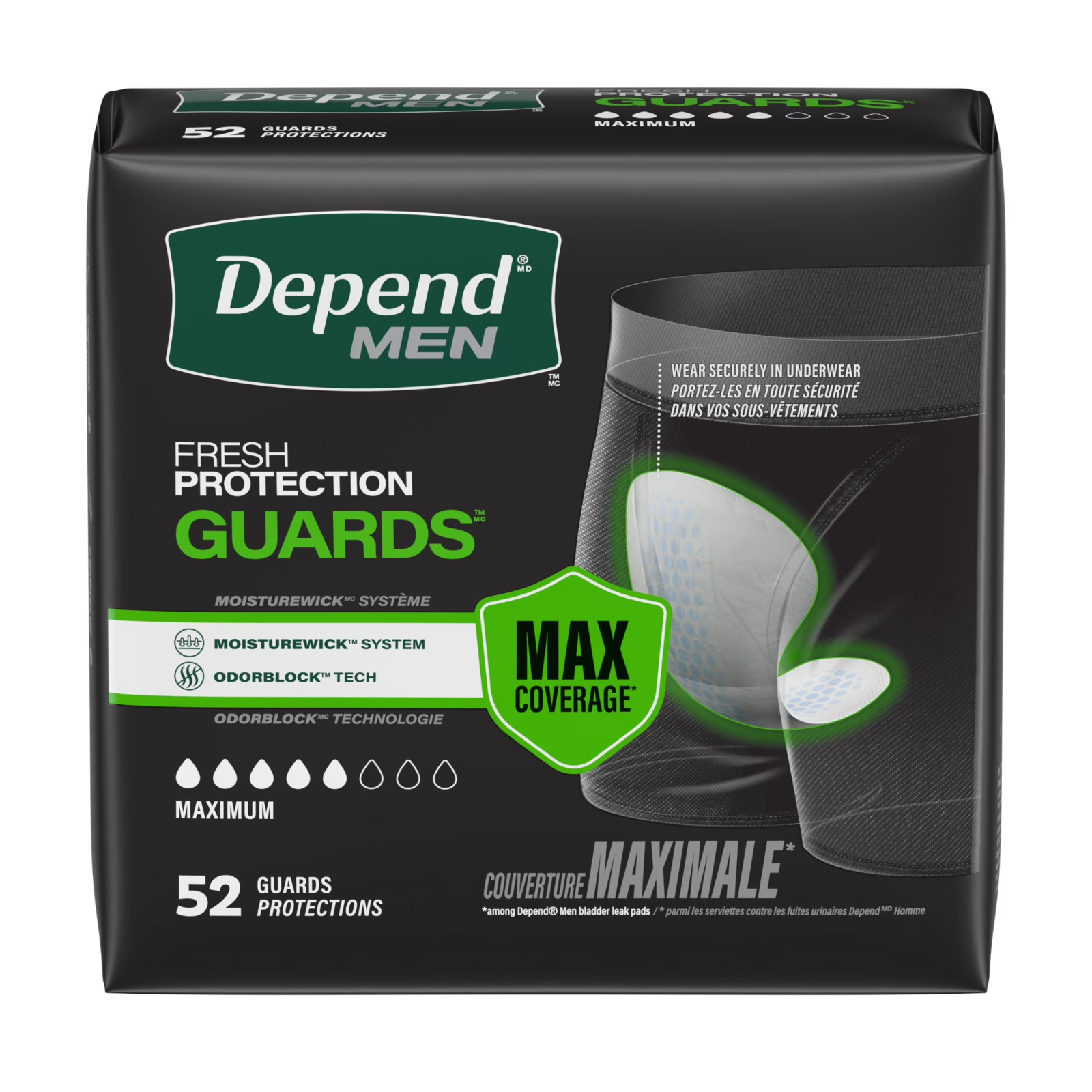 52 Count New Depend Guards Incontinence Pads for Men, Maximum Absorbency