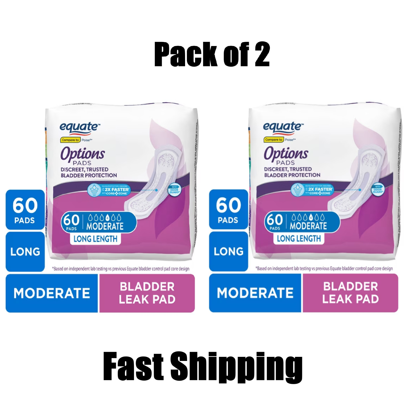 Equate Options Women’s Incontinence Pads, Moderate Absorbency Long Length,120 Ct