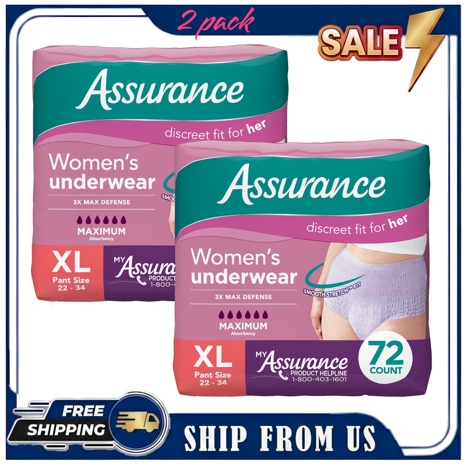 (2Pack) Assurance Women’s Incontinence Postpartum Underwear XL 72Ct Maximum