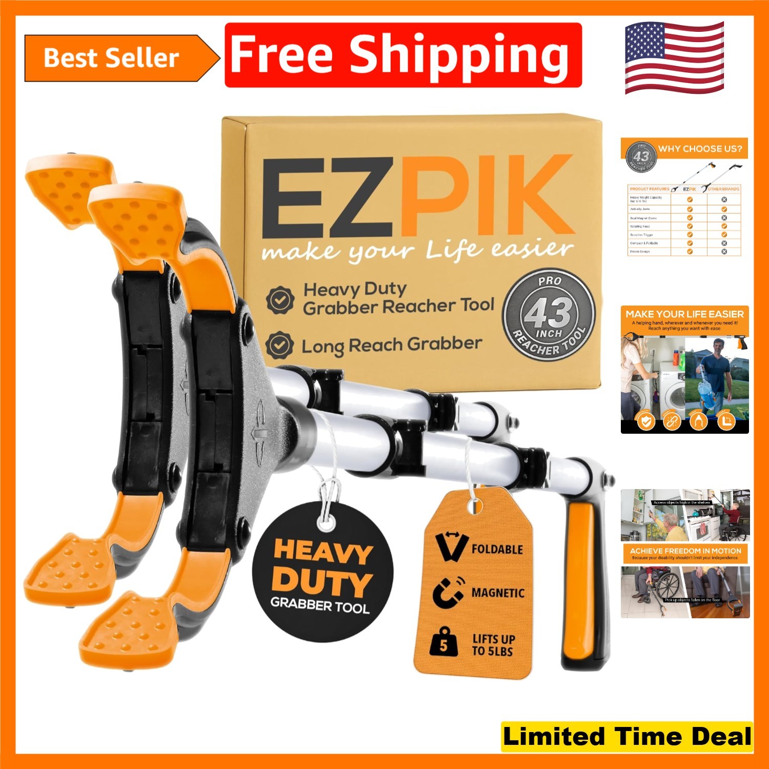 Heavy-Duty 43-Inch Grabber Reacher Tool for Seniors – Portable & Foldable 2-Pack