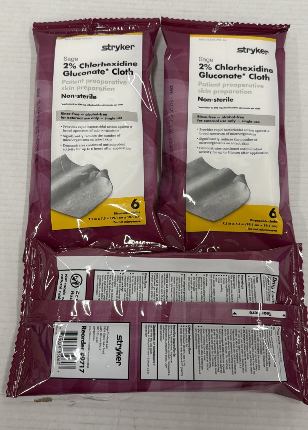 Stryker Sage 6 Cloths X 3 Packs 2% Chlorhexidine Gluconate Pre-op Prep Wipes NEW