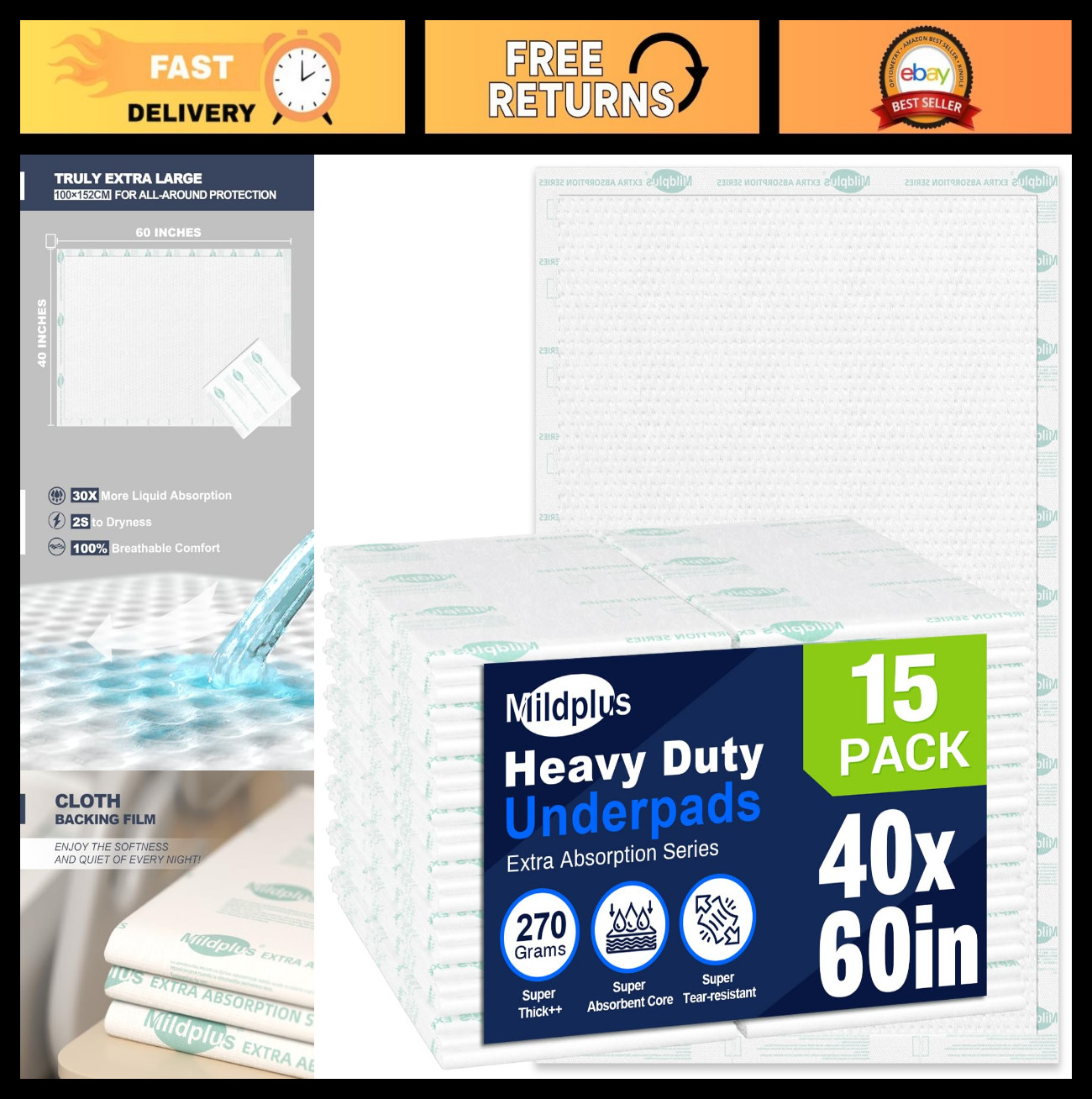 Super Absorbent Heavy Duty Disposable Bed Pads 40″x60″ – 15 Count Incontinence U