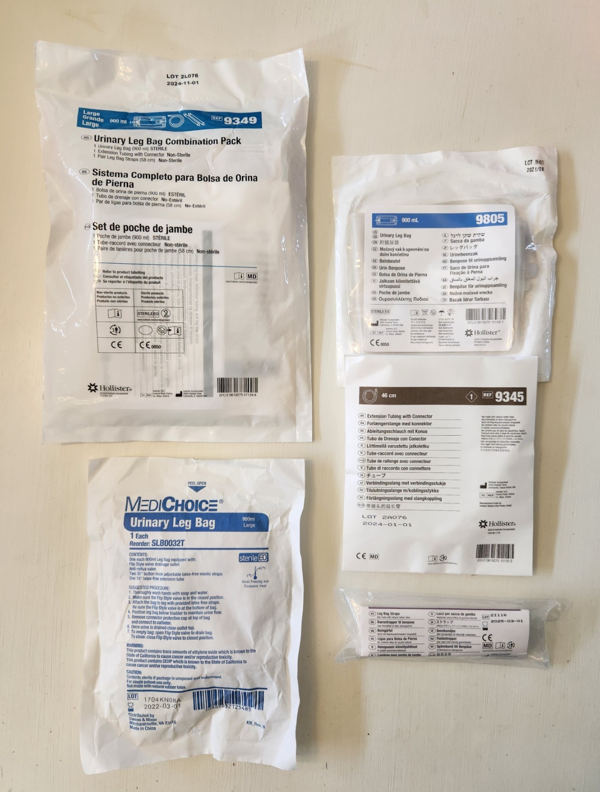 (3) Hollister/Medichoice URINARY LEG BAG Sets LARGE 900 ml 9349 Exp. 2021-2025