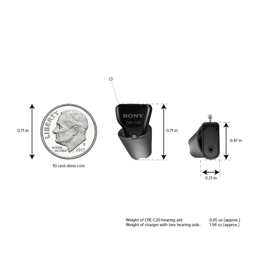 Sony CRE-C20 Self-Fitting OTC ITC Rechargeable Hearing Aids Black w/ Case